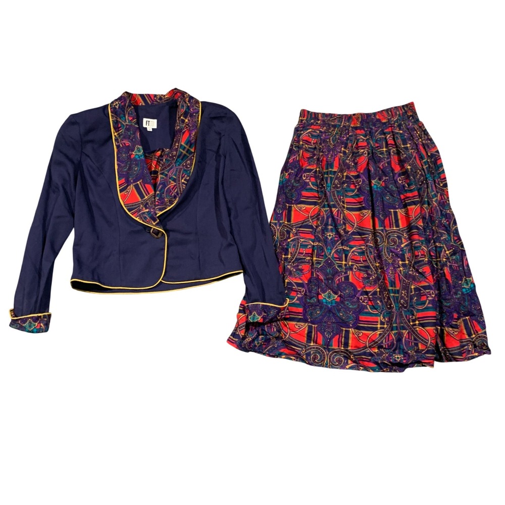 FT LTD Skirt Suit Womens 8 Navy Blue Paisley Plaid Vintage 80s Shawl‎ Collar Set